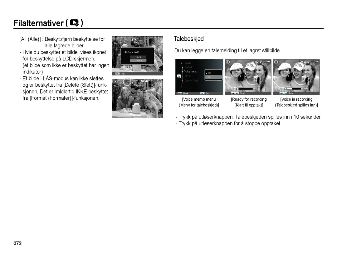 Samsung EC-ES25ZZBABE2 Talebeskjed, For beskyttelse på LCD-skjermen, Du kan legge en talemelding til et lagret stillbilde 