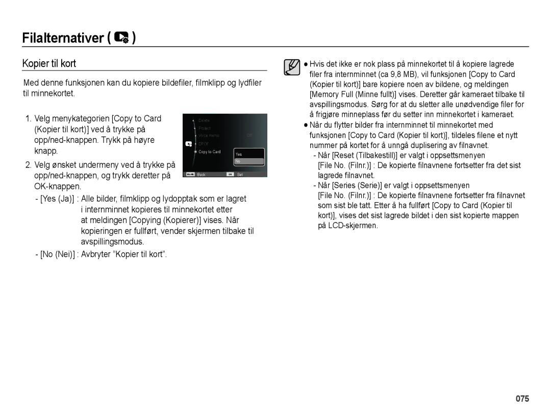 Samsung EC-ES25ZZBASE2, EC-ES25ZZBABE2, EC-ES25ZZBALE2, EC-ES25ZZBARE2 manual Kopier til kort 