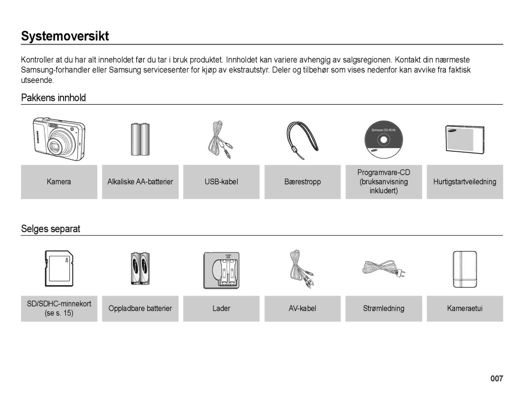 Samsung EC-ES25ZZBASE2 Systemoversikt, Pakkens innhold, Selges separat, Kamera Alkaliske AA-batterier USB-kabel Bærestropp 