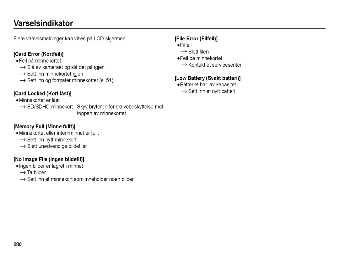 Samsung EC-ES25ZZBABE2 manual Varselsindikator, Flere varselsmeldinger kan vises på LCD-skjermen, Sett inn et nytt batteri 