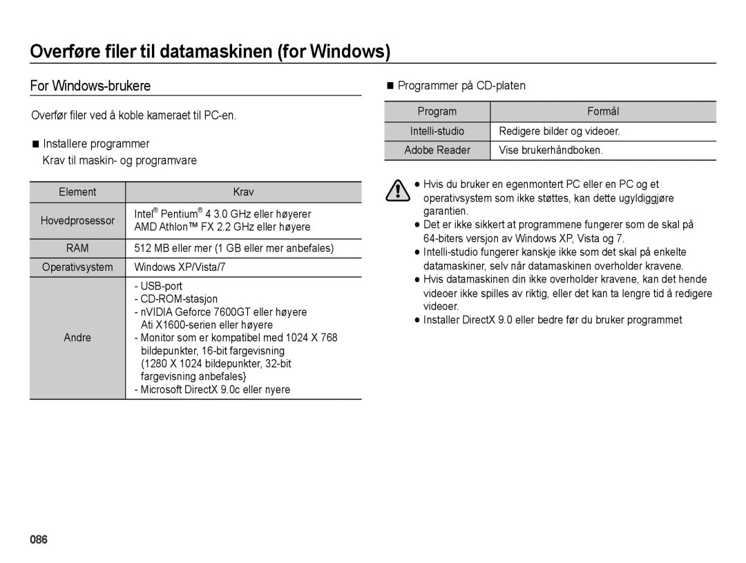 Samsung EC-ES25ZZBARE2 manual Overføre ﬁler til datamaskinen for Windows, For Windows-brukere, Programmer på CD-platen 