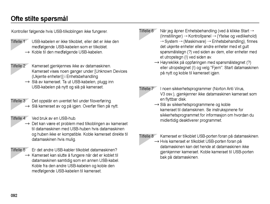 Samsung EC-ES25ZZBABE2, EC-ES25ZZBASE2 manual Ofte stilte spørsmål, Kontroller følgende hvis USB-tilkoblingen ikke fungerer 