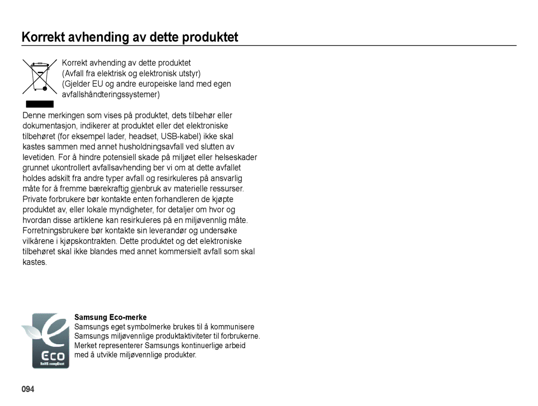 Samsung EC-ES25ZZBARE2, EC-ES25ZZBASE2, EC-ES25ZZBABE2 manual Korrekt avhending av dette produktet, Samsung Eco-merke 