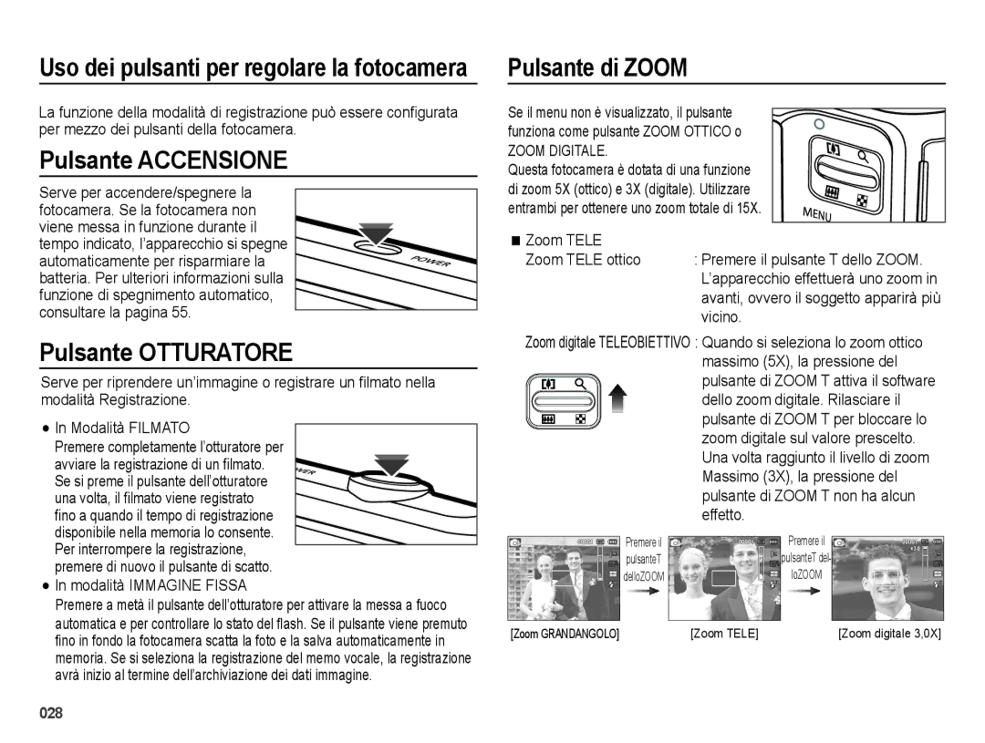 Samsung EC-ES28ZZDASME, EC-ES28ZZBABE1, EC-ES28ZZDABME manual Pulsante Accensione, Pulsante Otturatore, Pulsante di Zoom 