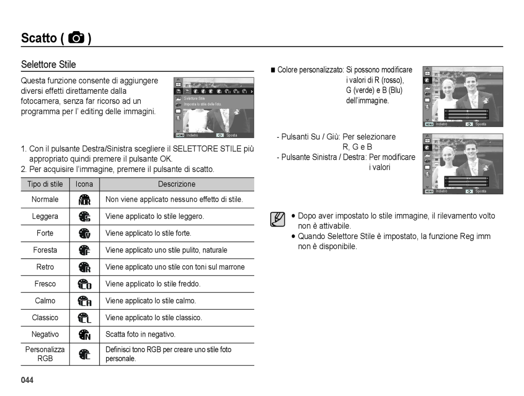 Samsung EC-ES28ZZBABE1, EC-ES28ZZDABME, EC-ES28ZZDAPME manual Selettore Stile, Colore personalizzato Si possono modiﬁcare 