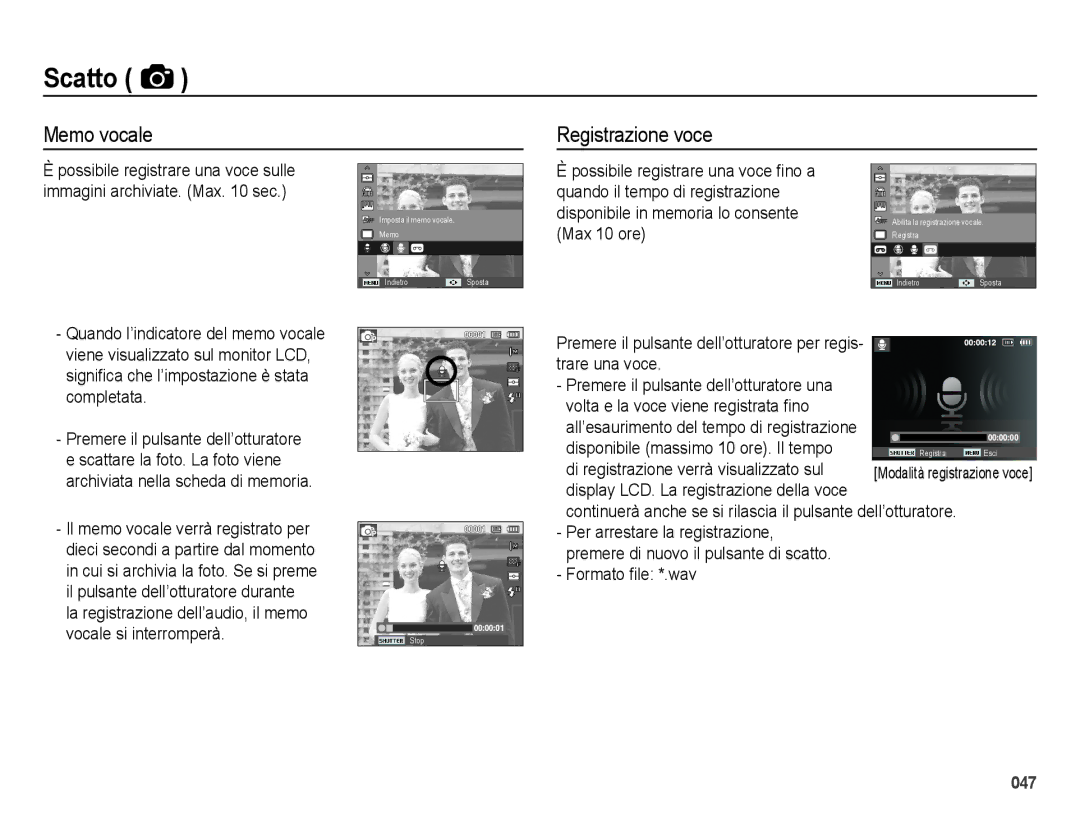 Samsung EC-ES28ZZDAEME manual Memo vocale Registrazione voce, Di registrazione verrà visualizzato sul, Formato ﬁle *.wav 