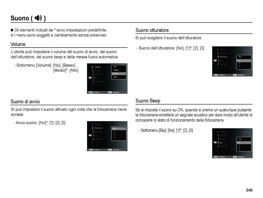Samsung EC-ES28ZZBABE1, EC-ES28ZZDABME, EC-ES28ZZDAPME manual Suono , Volume, Suono di avvio, Suono otturatore, Suono Beep 