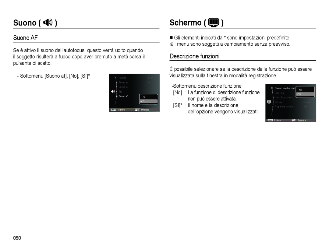 Samsung EC-ES28ZZDABME, EC-ES28ZZBABE1 manual Schermo, Suono AF, Descrizione funzioni, Sottomenu descrizione funzione 