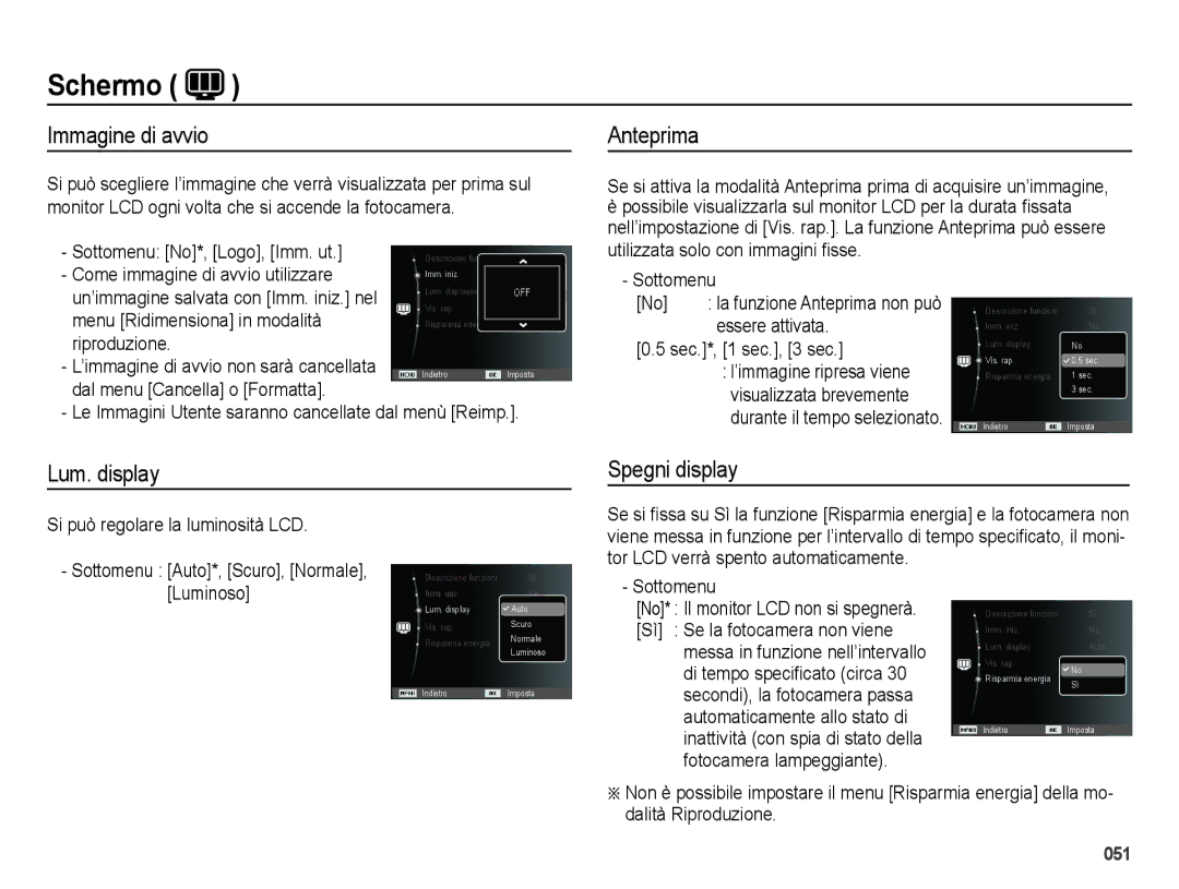 Samsung EC-ES28ZZDAPME, EC-ES28ZZBABE1, EC-ES28ZZDABME manual Immagine di avvio, Anteprima, Lum. display Spegni display 