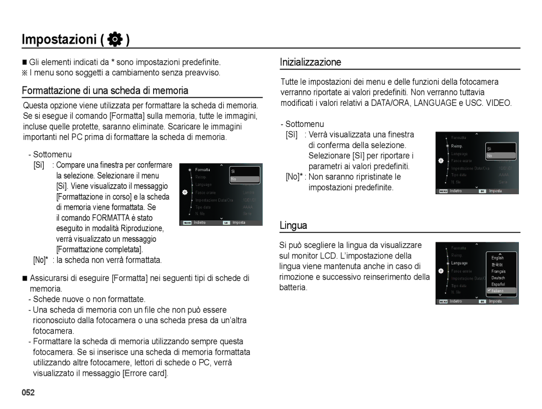 Samsung EC-ES28ZZDAEME, EC-ES28ZZBABE1 manual Impostazioni, Formattazione di una scheda di memoria, Inizializzazione, Lingua 