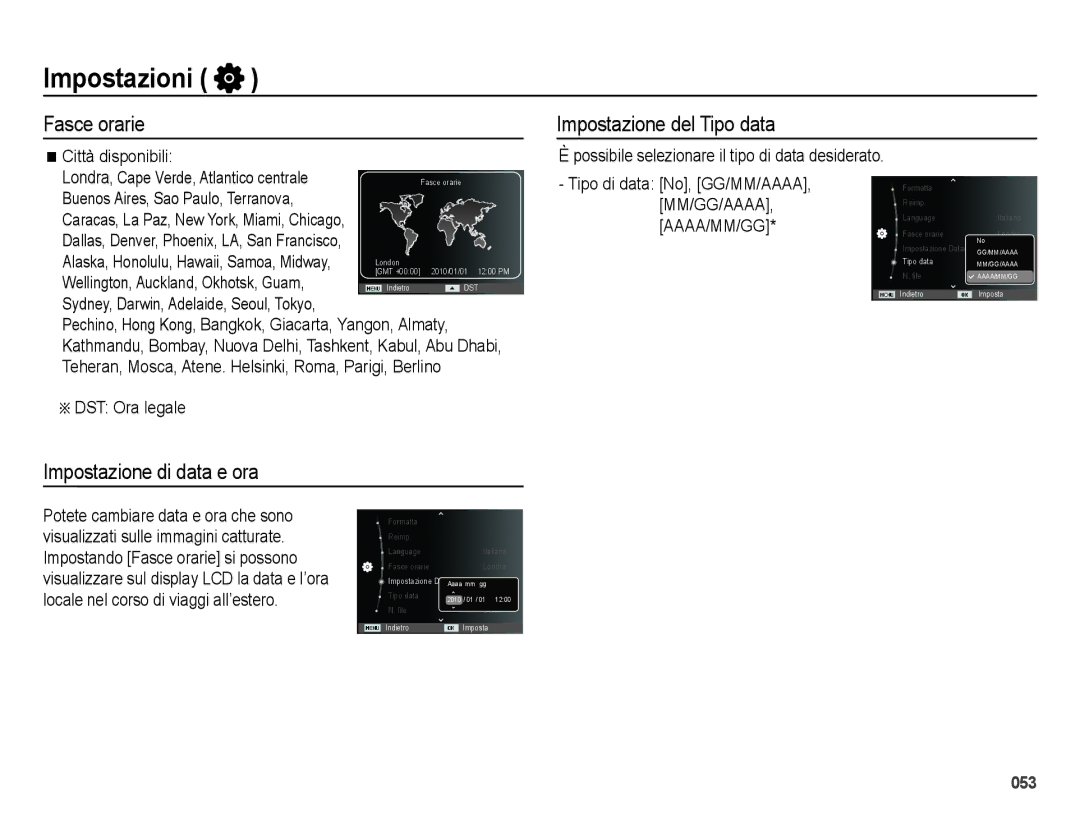 Samsung EC-ES28ZZDASME manual Fasce orarie Impostazione del Tipo data, Impostazione di data e ora, Città disponibili 