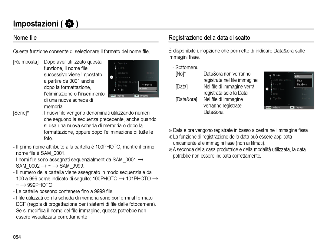 Samsung EC-ES28ZZBABE1, EC-ES28ZZDABME, EC-ES28ZZDAPME, EC-ES28ZZDAEME manual Nome ﬁle, Registrazione della data di scatto 