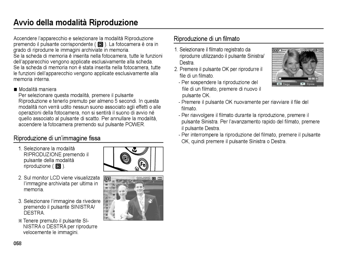 Samsung EC-ES28ZZDASME Avvio della modalità Riproduzione, Riproduzione di un’immagine ﬁssa, Riproduzione di un ﬁlmato 