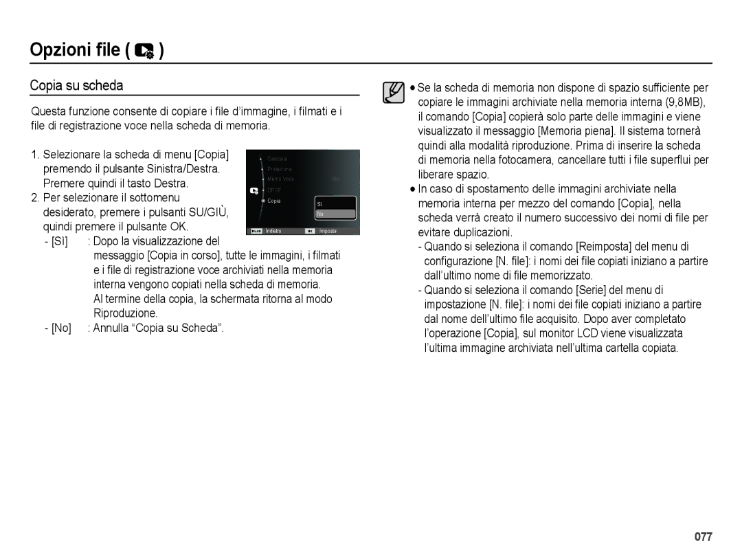 Samsung EC-ES28ZZDAEME, EC-ES28ZZBABE1 manual Copia su scheda, Premere quindi il tasto Destra, Per selezionare il sottomenu 