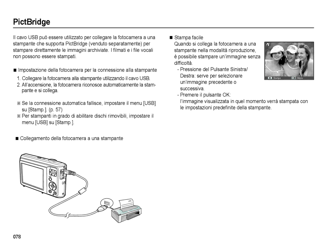 Samsung EC-ES28ZZDASME, EC-ES28ZZBABE1 manual PictBridge, Un’immagine precedente o Successiva Premere il pulsante OK 