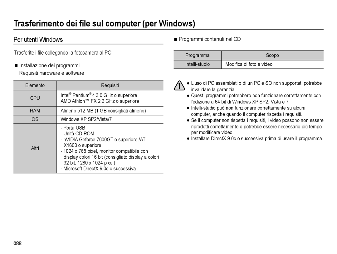 Samsung EC-ES28ZZDASME Trasferimento dei ﬁle sul computer per Windows, Per utenti Windows, Programmi contenuti nel CD 