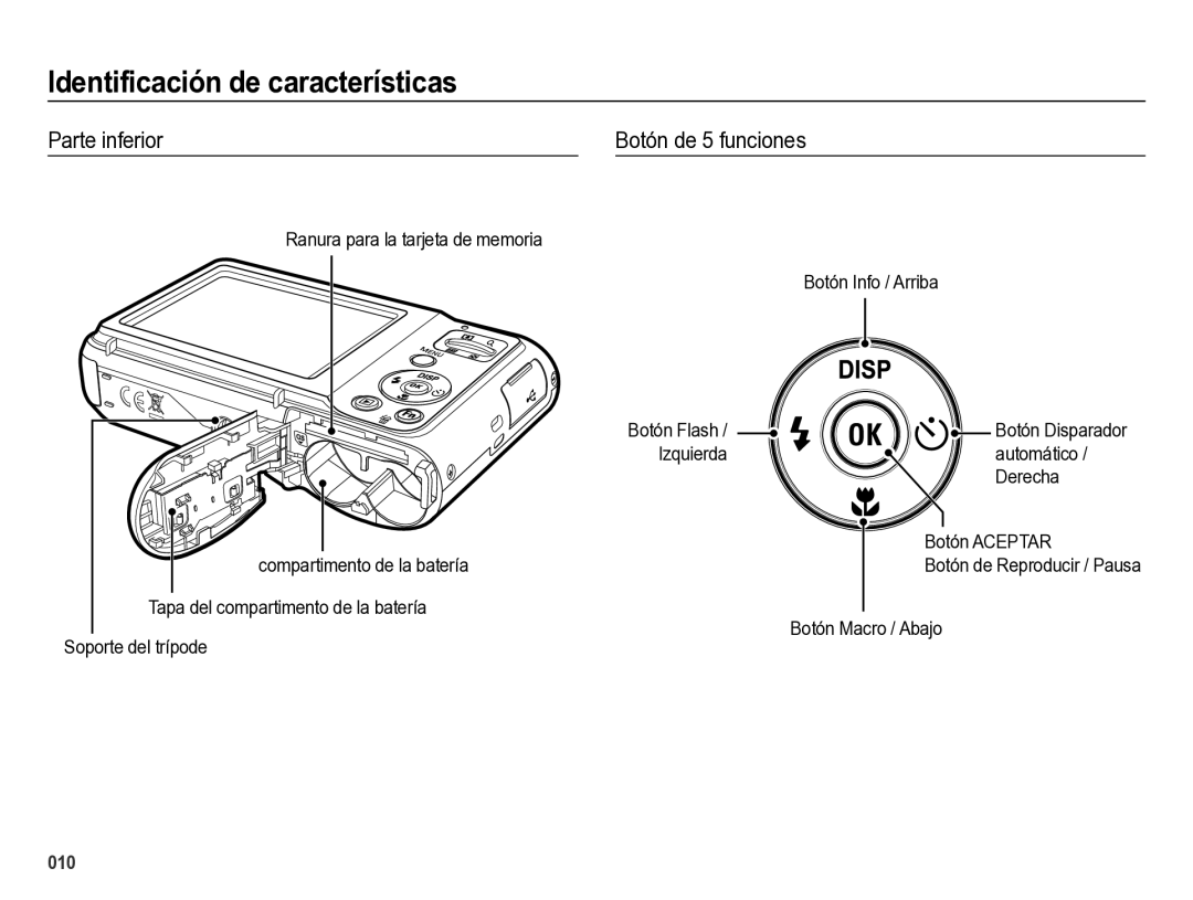 Samsung EC-ES28ZZBABE1 manual Parte inferior Botón de 5 funciones, Tapa del compartimento de la batería Botón Macro / Abajo 