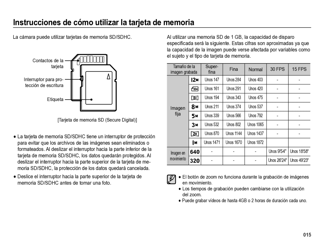 Samsung EC-ES28ZZBABE1 manual La cámara puede utilizar tarjetas de memoria SD/SDHC, Contactos de la tarjeta 