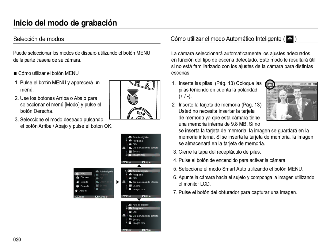 Samsung EC-ES28ZZBABE1 Inicio del modo de grabación, Selección de modos, Cómo utilizar el modo Automático Inteligente 