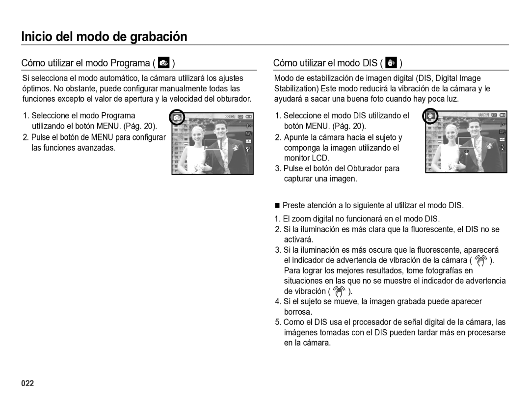 Samsung EC-ES28ZZBABE1 manual Cómo utilizar el modo Programa, Cómo utilizar el modo DIS 