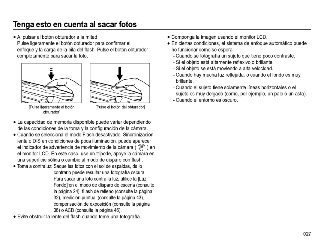 Samsung EC-ES28ZZBABE1 manual Tenga esto en cuenta al sacar fotos, Cuando el entorno es oscuro 