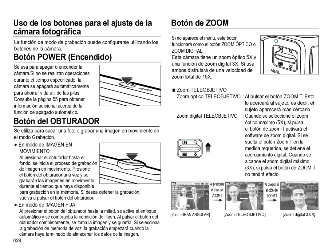 Samsung EC-ES28ZZBABE1 Uso de los botones para el ajuste de la cámara fotográﬁca, Botón Power Encendido, Botón de Zoom 