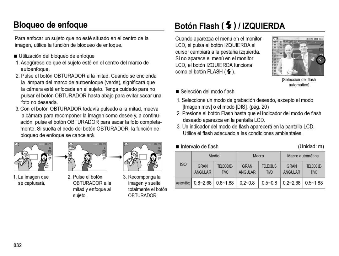 Samsung EC-ES28ZZBABE1 Bloqueo de enfoque, Botón Flash / Izquierda, Selección del modo ﬂash, Intervalo de ﬂash, Unidad m 