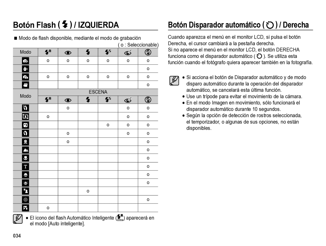 Samsung EC-ES28ZZBABE1 manual Botón Disparador automático / Derecha, Modo de ﬂash disponible, mediante el modo de grabación 