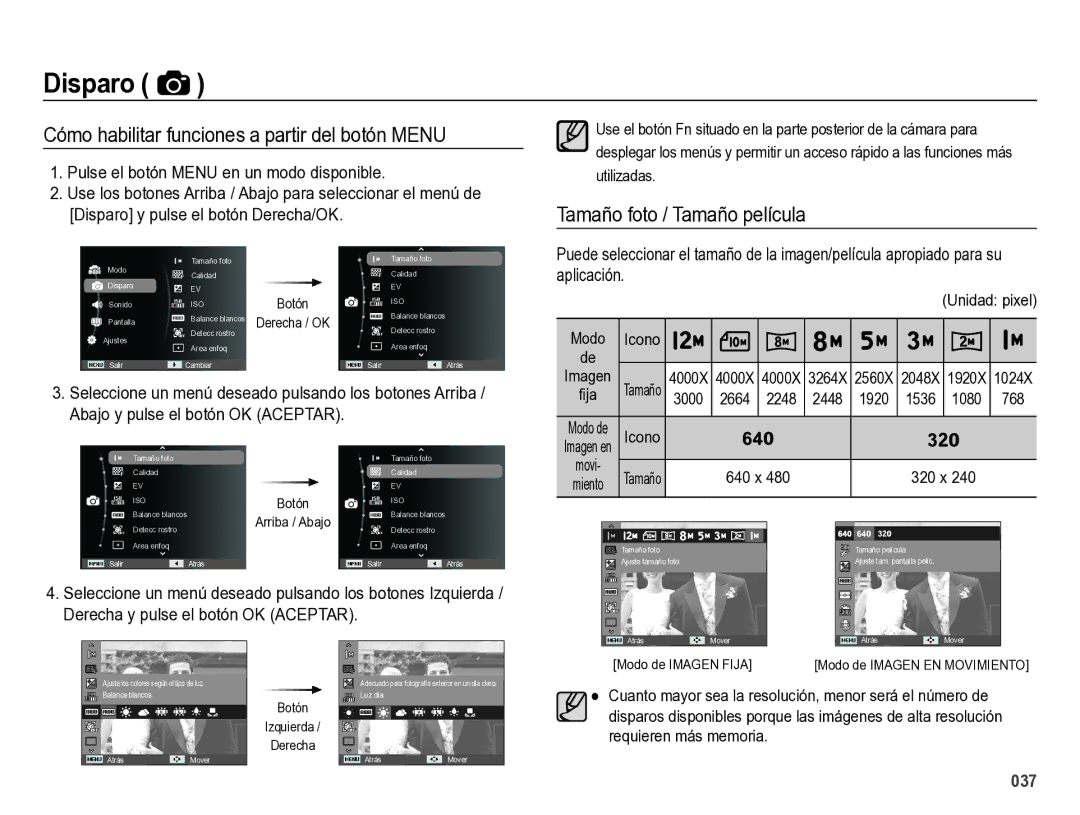 Samsung EC-ES28ZZBABE1 manual Cómo habilitar funciones a partir del botón Menu, Tamaño foto / Tamaño película, Unidad pixel 