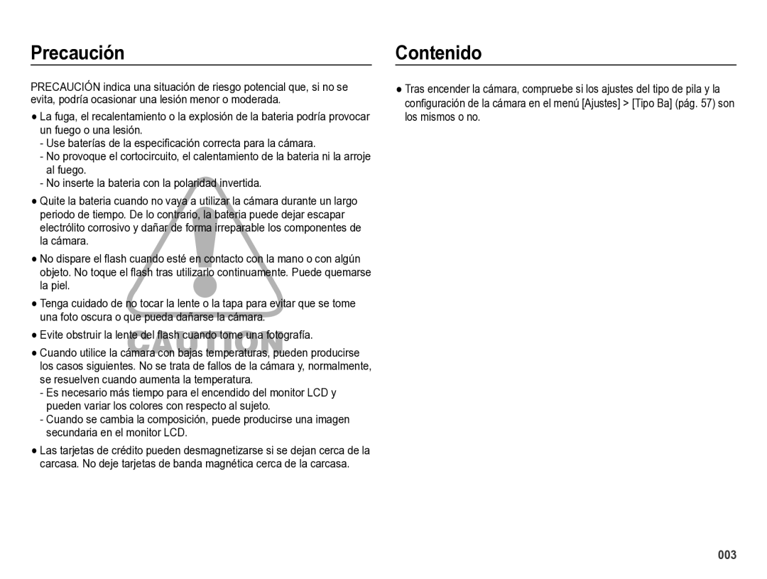 Samsung EC-ES28ZZBABE1 manual Precaución, Contenido 