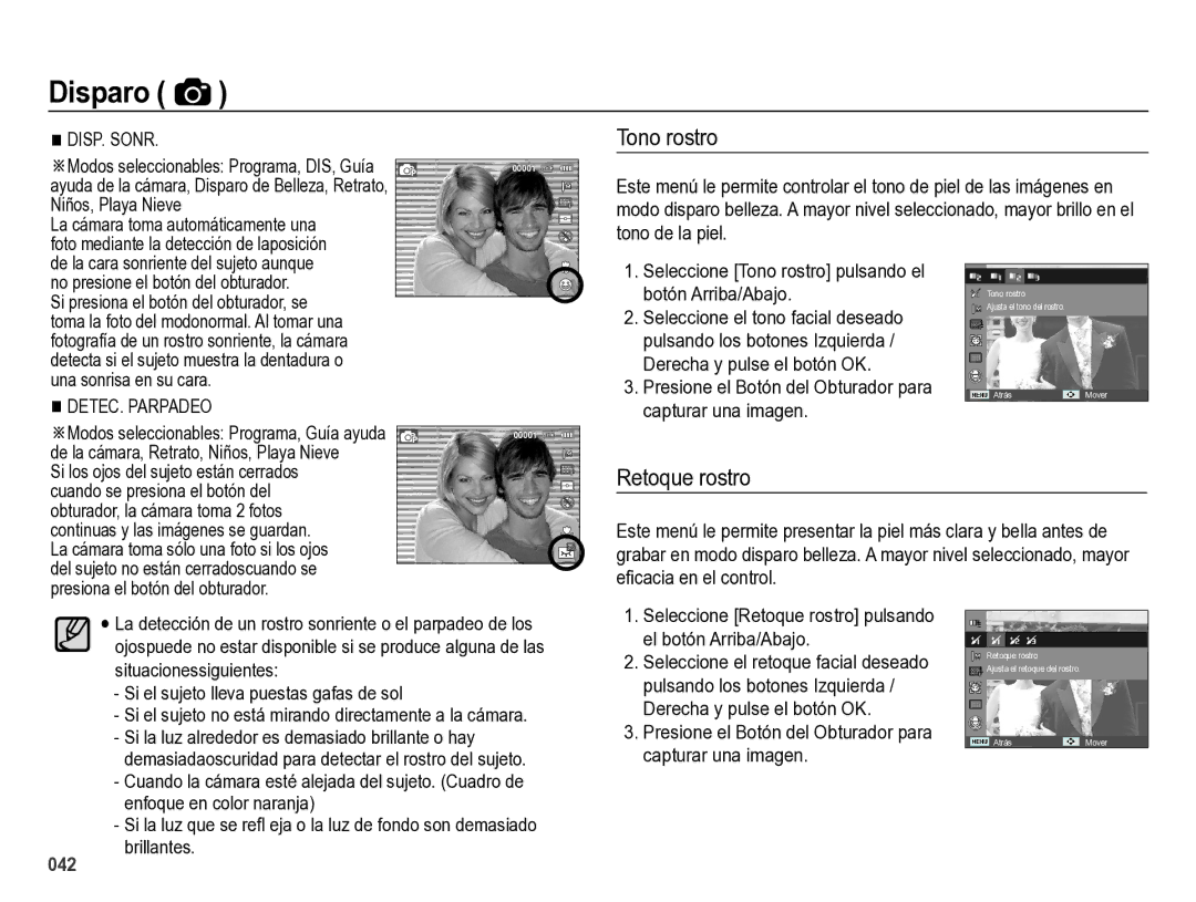 Samsung EC-ES28ZZBABE1 manual Tono rostro, Retoque rostro, Si el sujeto lleva puestas gafas de sol 
