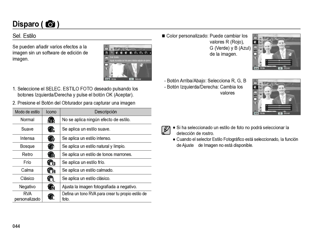 Samsung EC-ES28ZZBABE1 manual Sel. Estilo, Imagen, Presione el Botón del Obturador para capturar una imagen 