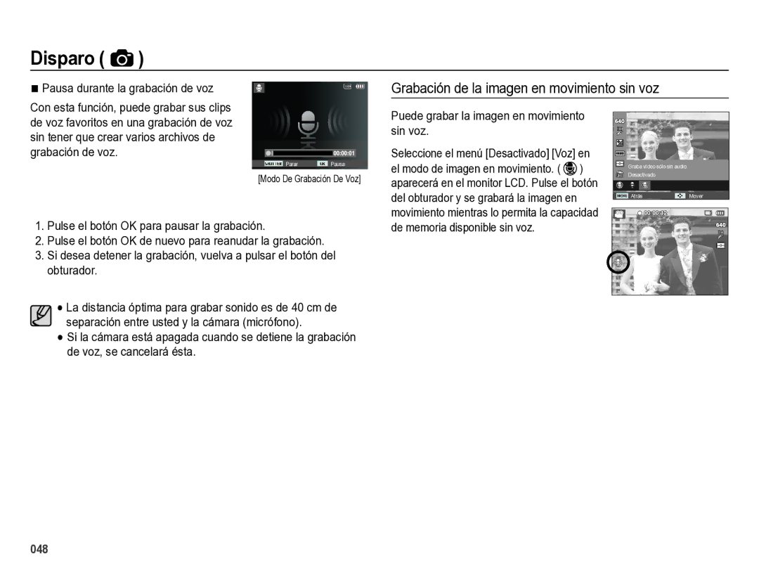 Samsung EC-ES28ZZBABE1 manual Grabación de la imagen en movimiento sin voz, Pausa durante la grabación de voz 