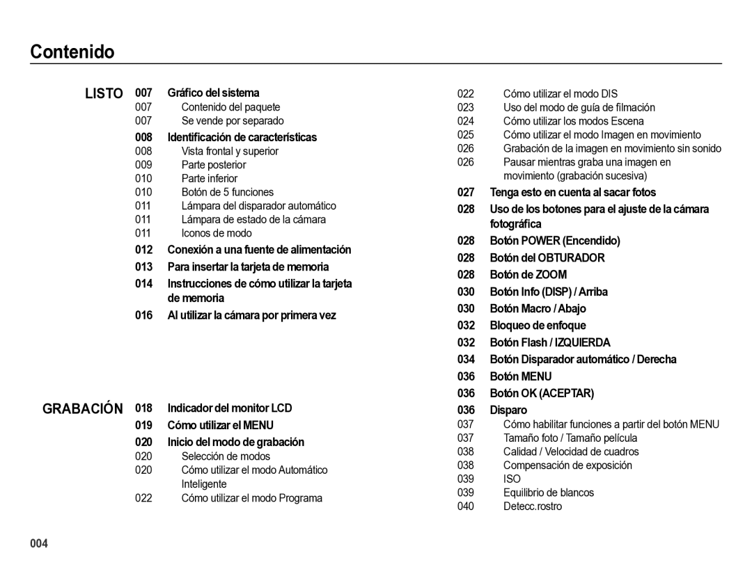 Samsung EC-ES28ZZBABE1 manual Identiﬁcación de características, Contenido del paquete Se vende por separado 