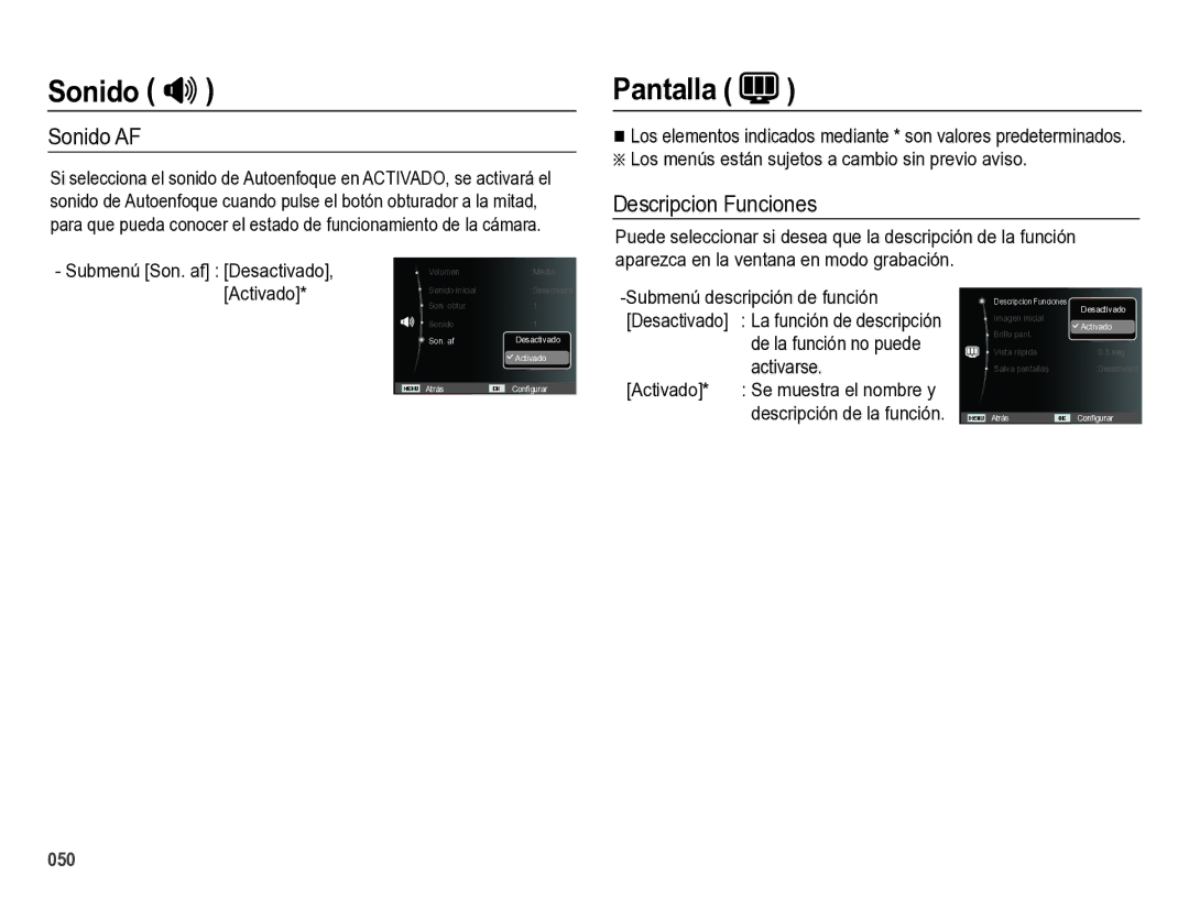 Samsung EC-ES28ZZBABE1 manual Pantalla, Sonido AF, Descripcion Funciones, De la función no puede activarse 