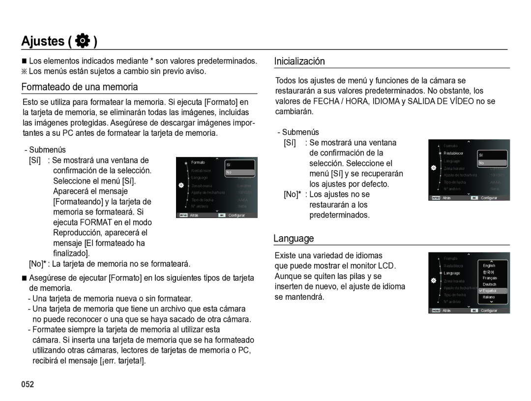 Samsung EC-ES28ZZBABE1 manual Ajustes, Formateado de una memoria, Inicialización, Language 