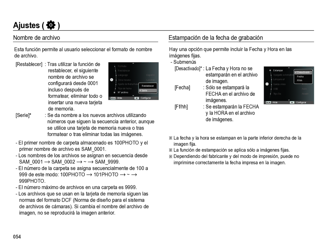 Samsung EC-ES28ZZBABE1 manual Nombre de archivo, Estampación de la fecha de grabación 