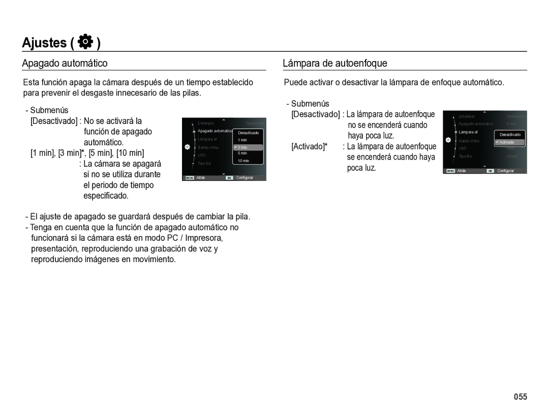 Samsung EC-ES28ZZBABE1 manual Apagado automático, Lámpara de autoenfoque, Min, 3 min*, 5 min, 10 min, Haya poca luz 