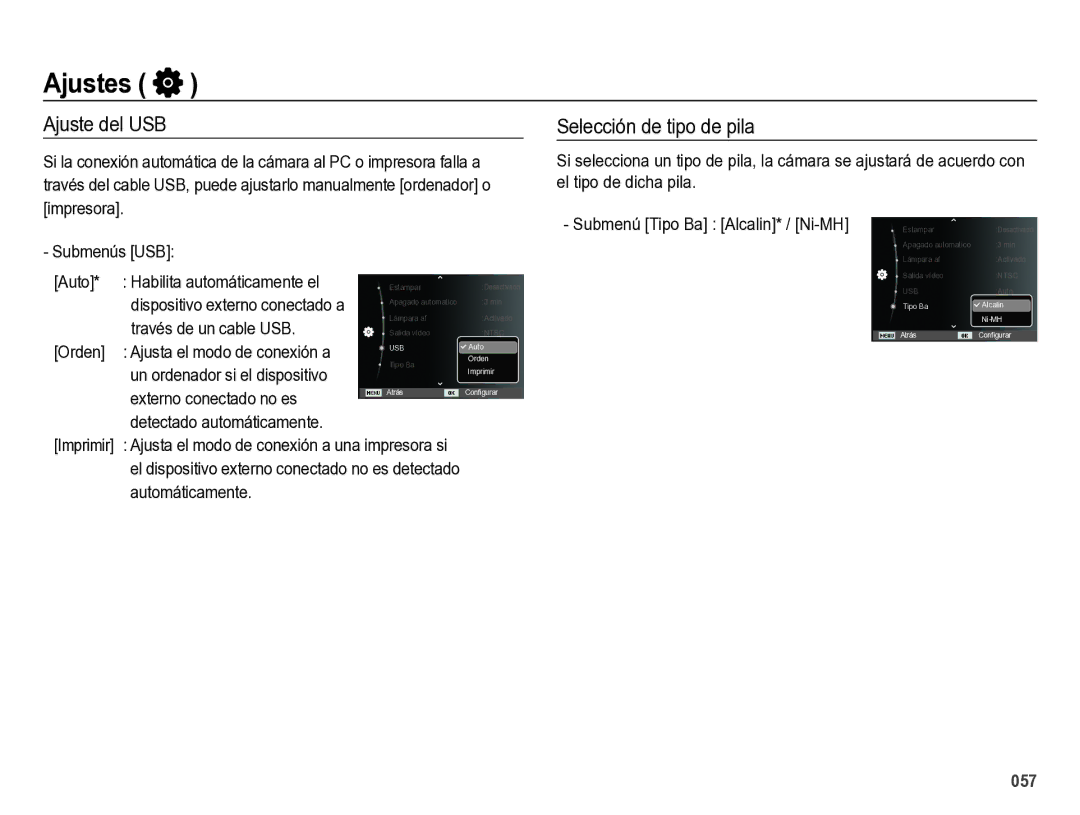 Samsung EC-ES28ZZBABE1 manual Ajuste del USB, Selección de tipo de pila 