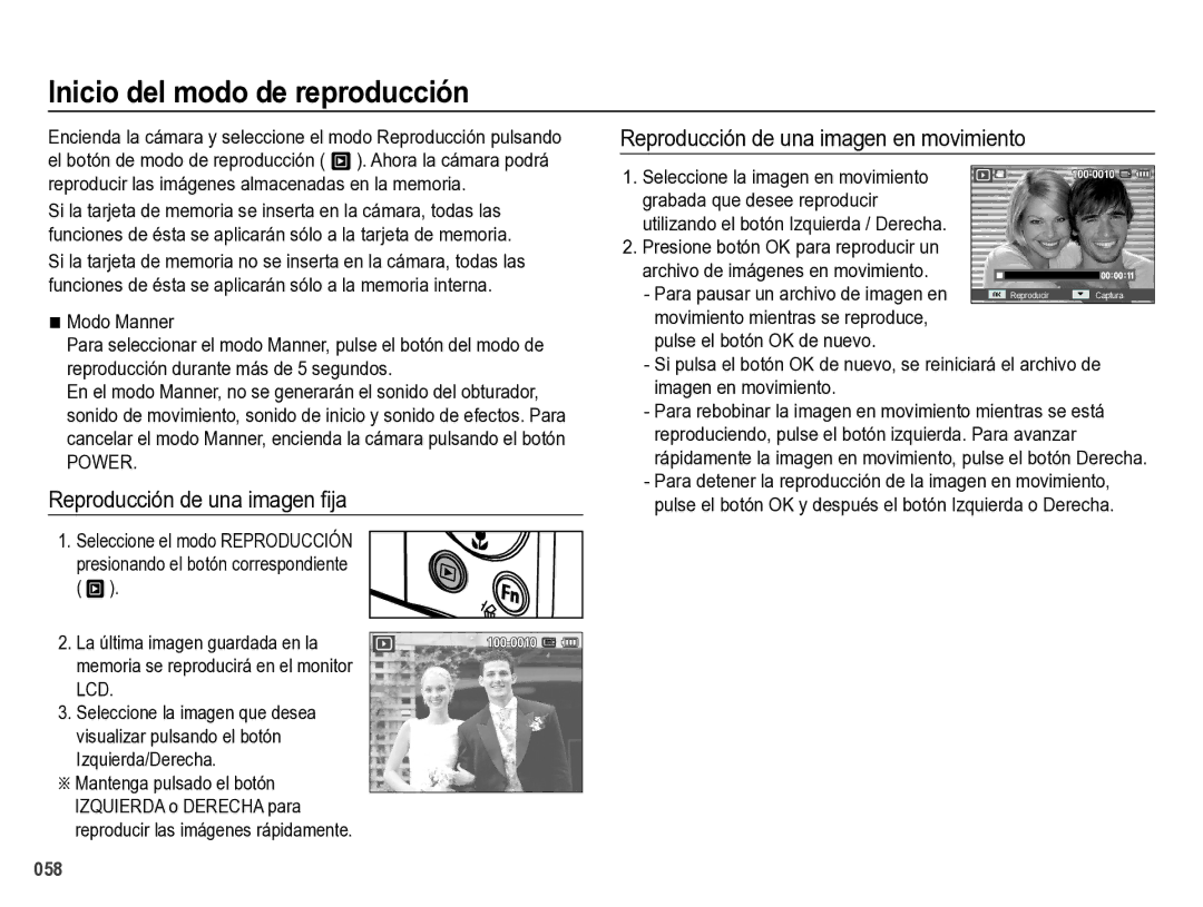 Samsung EC-ES28ZZBABE1 manual Inicio del modo de reproducción, Reproducción de una imagen ﬁja, Modo Manner 