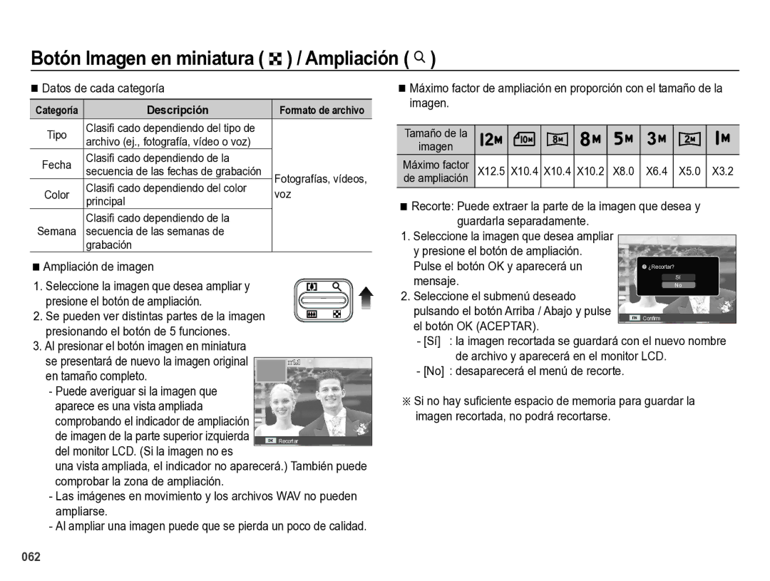 Samsung EC-ES28ZZBABE1 Botón Imagen en miniatura º / Ampliación í, Pulse el botón OK y aparecerá un, El botón OK Aceptar 