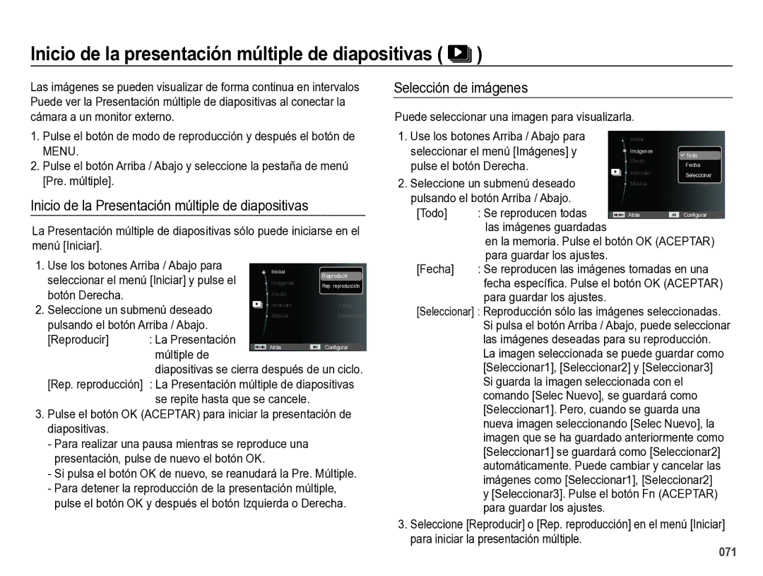 Samsung EC-ES28ZZBABE1 manual Inicio de la presentación múltiple de diapositivas, Selección de imágenes 