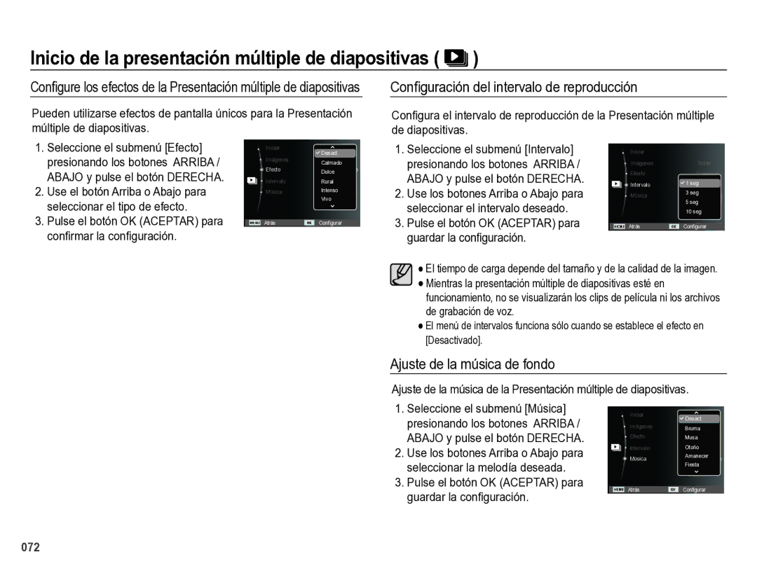 Samsung EC-ES28ZZBABE1 manual Conﬁguración del intervalo de reproducción, Ajuste de la música de fondo 