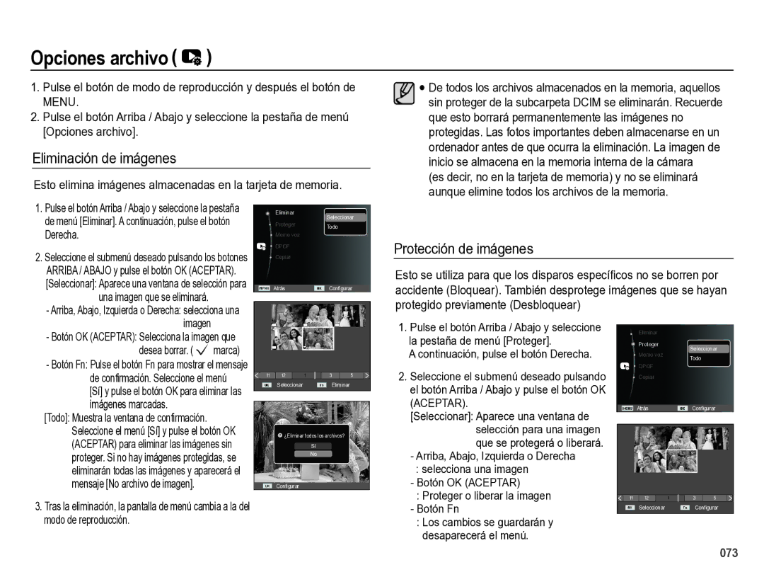 Samsung EC-ES28ZZBABE1 manual Opciones archivo, Eliminación de imágenes, Protección de imágenes 