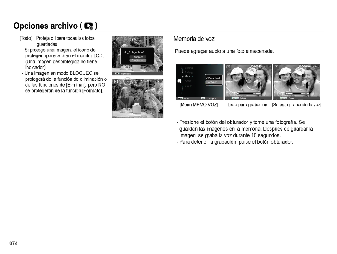 Samsung EC-ES28ZZBABE1 manual Memoria de voz, Puede agregar audio a una foto almacenada, Indicador 