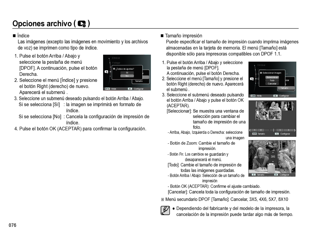 Samsung EC-ES28ZZBABE1 manual Pulse el botón Arriba / Abajo y, Seleccione la pestaña de menú, Derecha, Tamaño impresión 