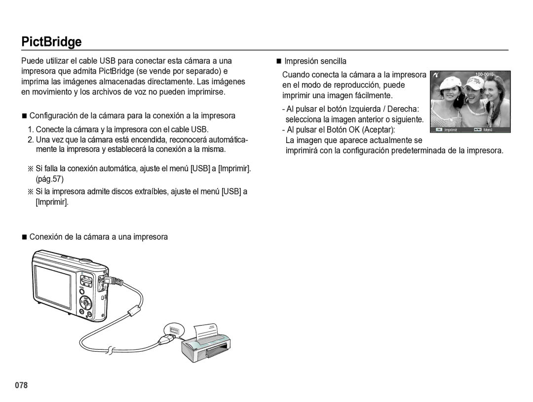 Samsung EC-ES28ZZBABE1 manual PictBridge, Al pulsar el Botón OK Aceptar 