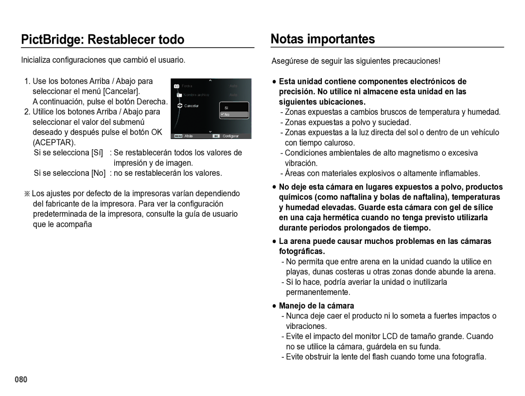 Samsung EC-ES28ZZBABE1 manual PictBridge Restablecer todo, Notas importantes 