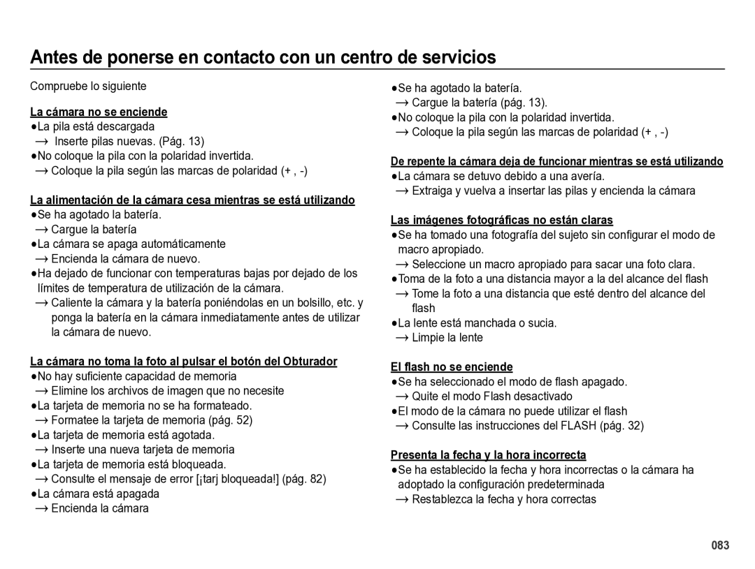 Samsung EC-ES28ZZBABE1 manual Antes de ponerse en contacto con un centro de servicios, Compruebe lo siguiente 