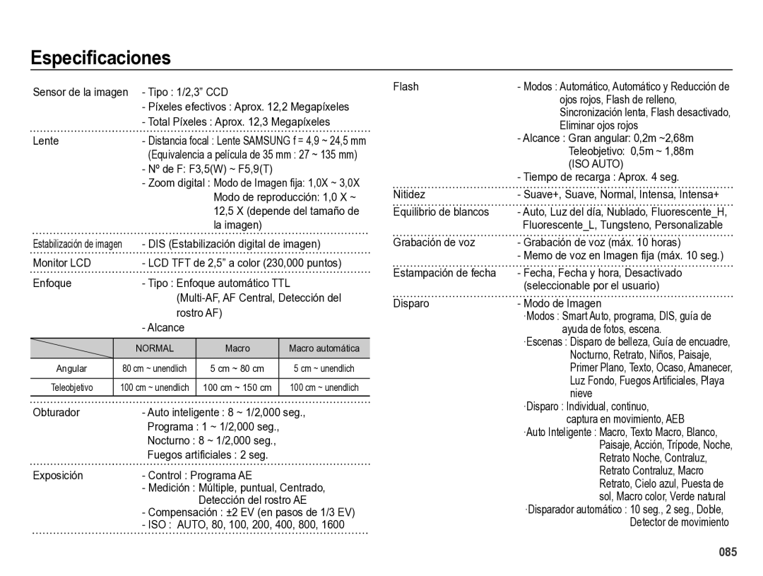 Samsung EC-ES28ZZBABE1 manual Especiﬁcaciones 